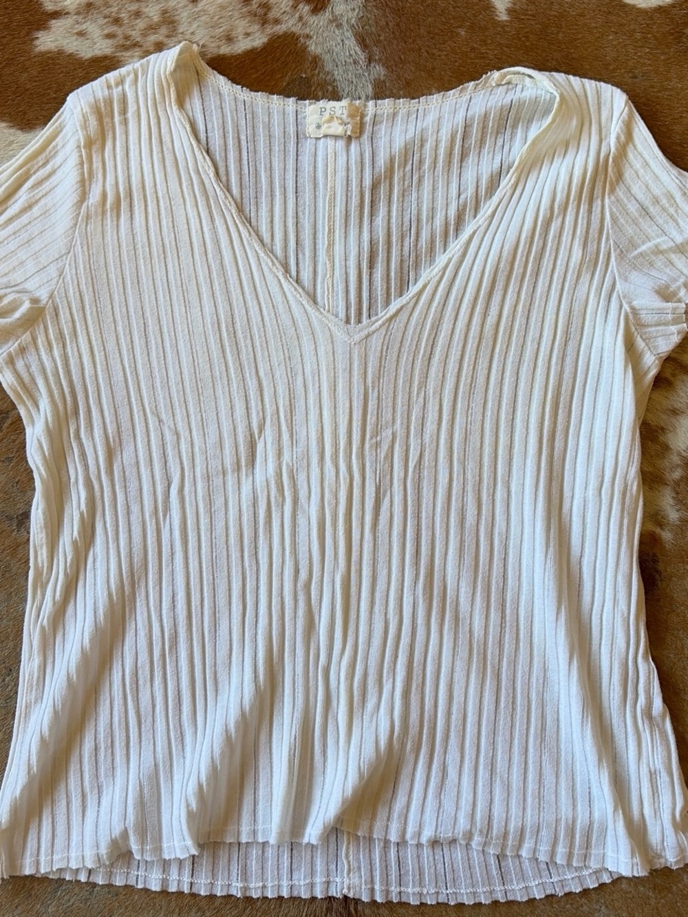 Project Social T Cream Ribbed V-Neck Short Sleeve Top